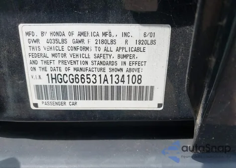 2001 Honda Accord 2.3 Lx from USA, damaged, VIN 1HGCG66531A134108